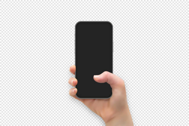 istock Woman hand holding and touching smartphone screen with thumb, vector illustration 1402431203