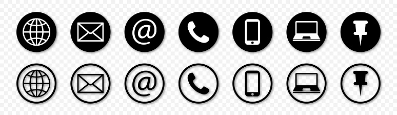 Set of web contact us icons, connection and location symbols isolated on trasparent background in vector format