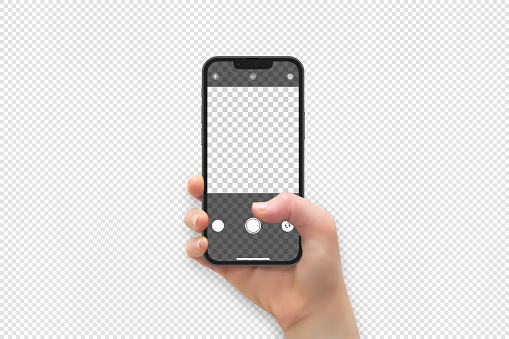 Woman hand holding and touching smartphone screen with thumb isolated on transparent background in vector format