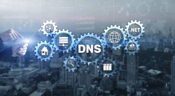 DNS Domain name System server concept. Mixed media stock photo