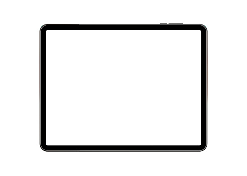 Modern grey metal tablet isometric isolated view with buttons and camera
