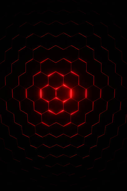 3d Rendering Hexagonal background, depth of field effect. Futuristic cellular 3d panel with hexagons and neon light. Geometric background for phone design