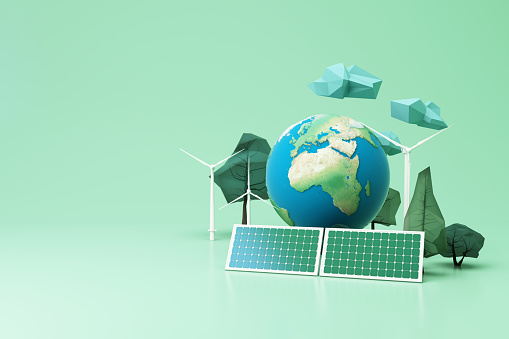 Clean energy concept on World Environment Day or International Day of Forests concept tree and earth globe with solar cell panel with windmill on pastel background. 3d rendering