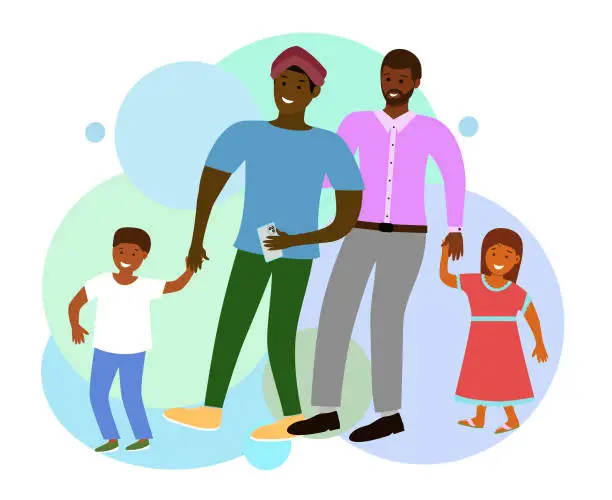 Vector illustration of Mixed-race gay family with two children. Generation Z concept