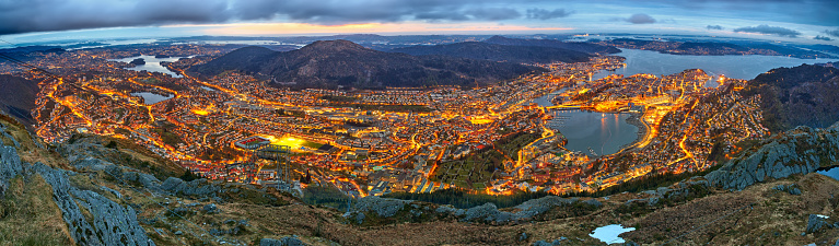 Panoramic aerial view of Bergen from Ulriken at sunset, Norway