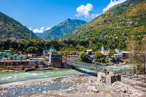 Beas river near Kullu town aerial panoramic landscape, Kullu valley in Himachal Pradesh state in India