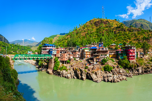 Sutlej river in Luhri village and Himalaya mountains, Himachal Pradesh state in India