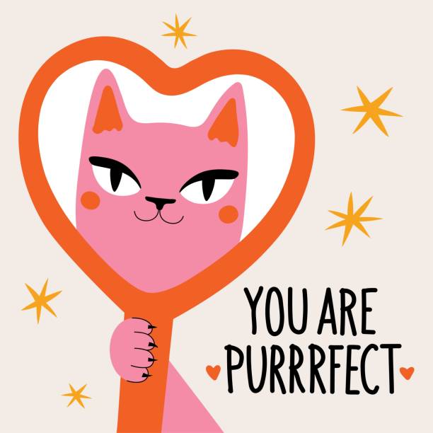 stockillustraties, clipart, cartoons en iconen met vector illustration with pink cat looking in red heart shaped mirror. you are purrrfect lettering phrase. - self love