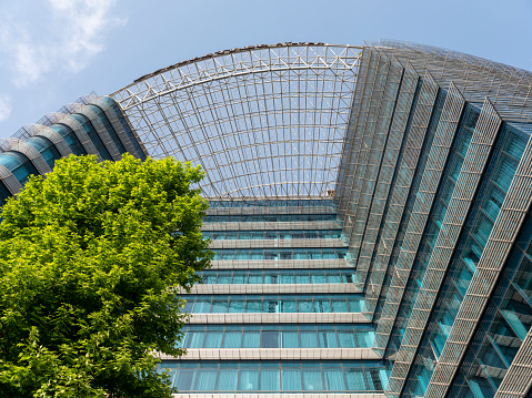 bottom view skyscraper facade background