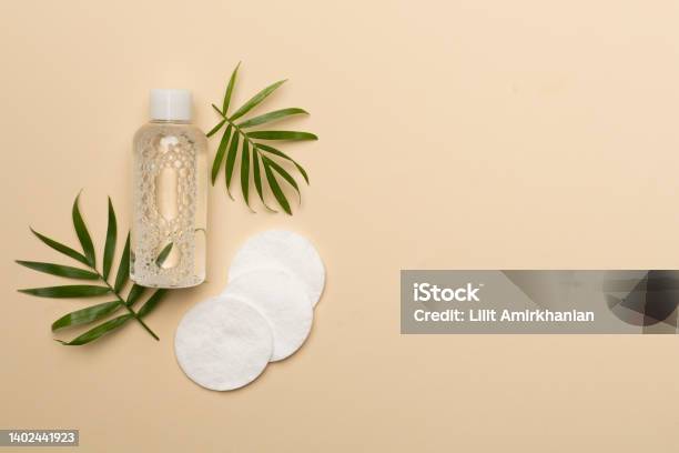 Micellar Cleansing Water And Cotton Pads On Color Background Top View Stock Photo - Download Image Now