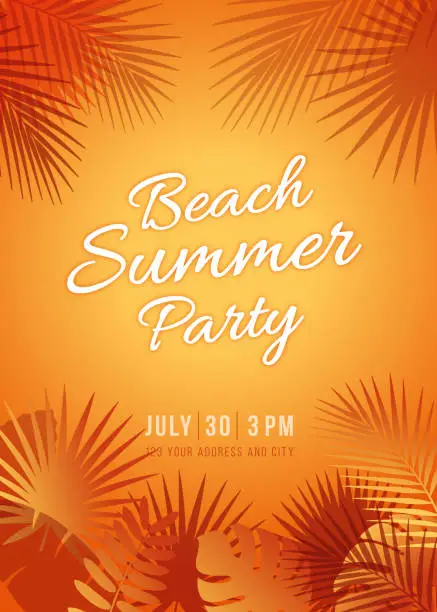 Vector illustration of Beach Summer Party - Tropical background with sunset and palms leaves.