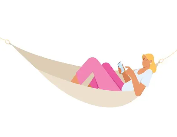 Vector illustration of Young woman laying in hammock, using smartphone, remote work concept. Summer concept. Flat vector illustration