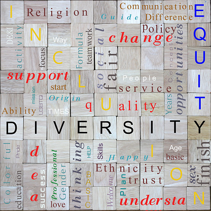 diversidad, equidad, palabra de inclusión en el concepto de fondo de bloque de madera DEI photo