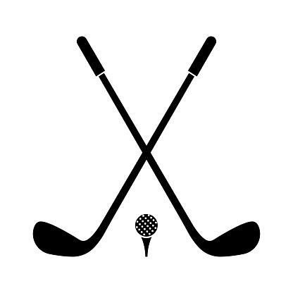 Two crossed golf clubs and ball. Stick for golf black silhouette. Sport game. Vector 10 ESP.