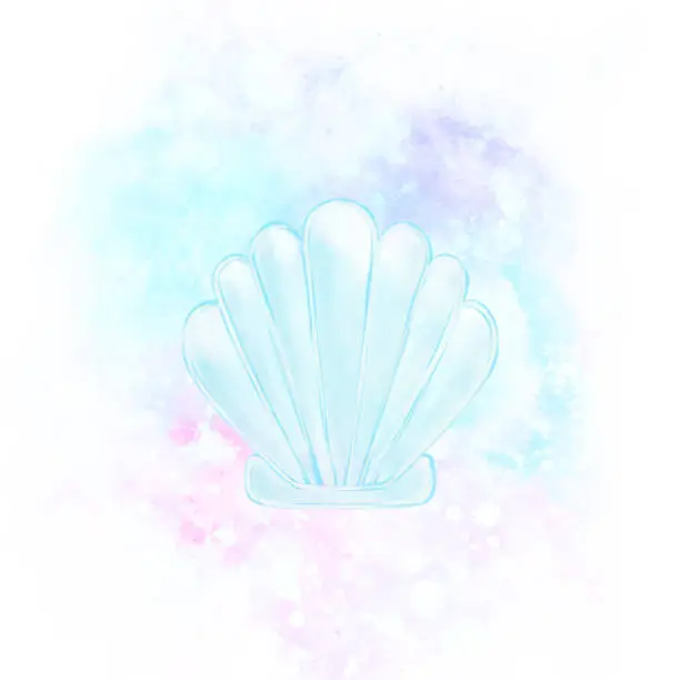 Vector illustration of Hand Drawn Blue Sea Shell with with Watercolor Spalshing Background, Decorative Art . Watercolor Sea Shell Vector Background.