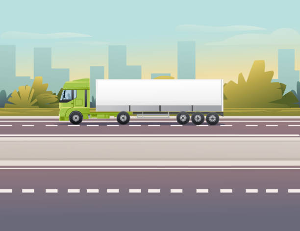Road to city Truck driving on the road a sunny day with clear sky vector illustration Road to city Truck driving on the road a sunny day with clear sky vector illustration. car-on-city-road-side-view stock illustrations