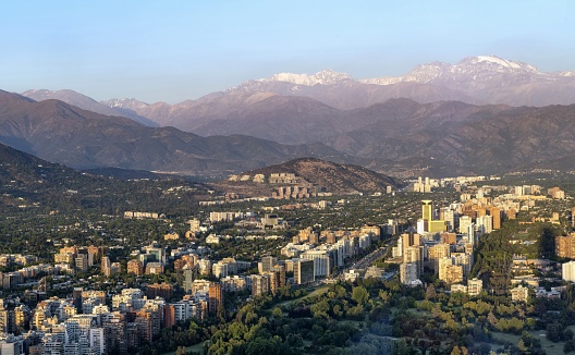 Santiago de Chile, Chile, December 15, 2018: Aerial view of the modern part of the Chilean capital - Providencia. The mountain range of Andes in the background.