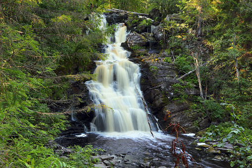 Yukankoski waterfall (white bridges) on the river Kulismayoki, Russia, Karelia
