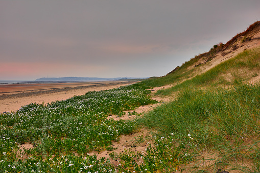Image of sanddunes with sea in the background, sand and partly cloudy sky. Carteret, Normandy, France