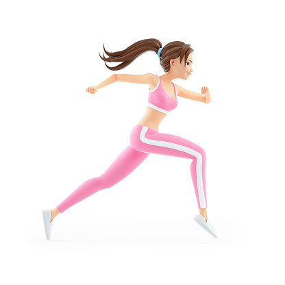 3d sporty woman running fast, illustration isolated on white background