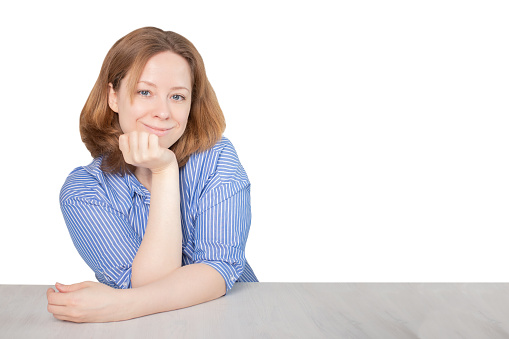 woman sitting at the table, smiling, office worker, staff, isolated on white background