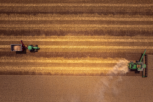 Henry County, Ohio - July 4, 2021:  An aerial photo via drone looking down on a John Deere S670 combine harvester and a John Deere tractor pulling a grain wagon harvesting the winter wheat in a field.