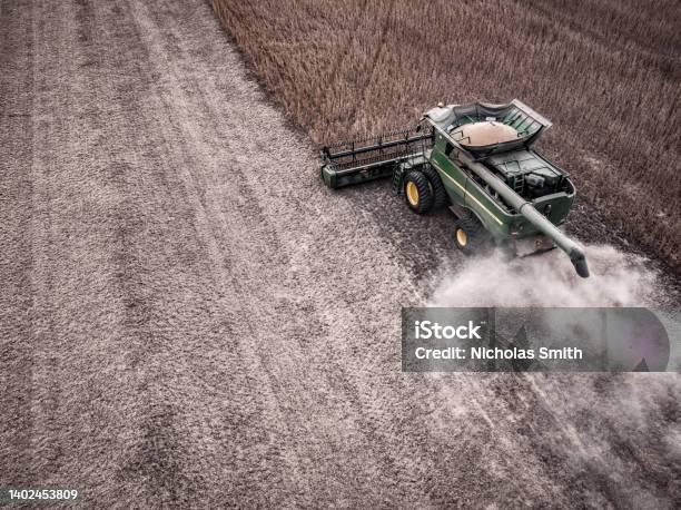 John Deere Combine In Field For Soybean Harvest 2 Stock Photo - Download Image Now - John Deere, Tractor, Aerial View