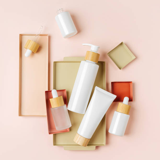istock Various blank cosmetic container mock-ups on pastel color backgroun. Background for branding and packaging presentation. Natural skincare beauty product concep 1402455504
