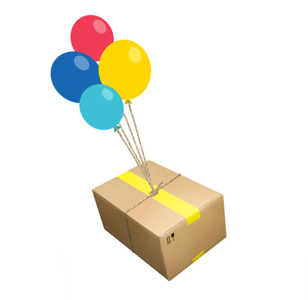 istock Parcel box delivered by colored balloons isolated on white 1402456480