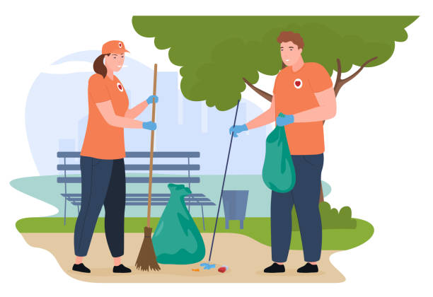 ilustrações, clipart, desenhos animados e ícones de pessoas se voluntariam coletando lixo na ilustração plana vetorial do parque da cidade de verão - mulher catando lixo
