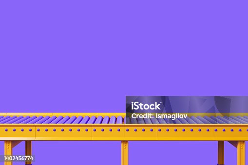istock Empty yellow conveyor on violet background, assembly line, copy space 1402456774