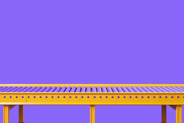 Conveyor and empty production line, automated assembly line for factory on purple background. Concept of packaging and delivery. Copy space. 3D rendering