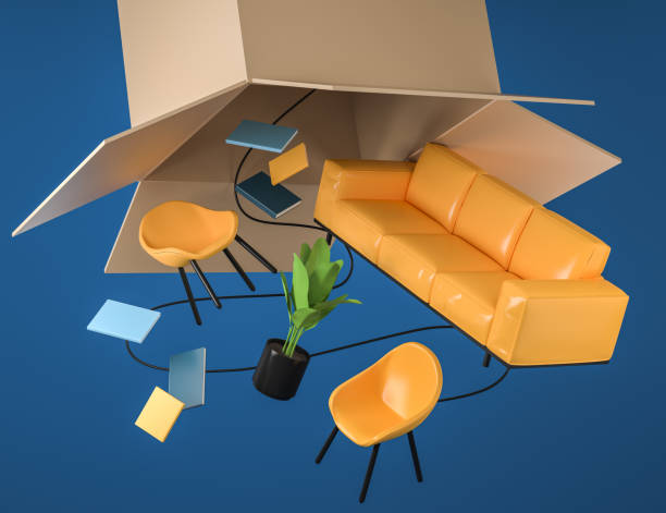 furniture falling out of box, relocation and moving. delivery company - cair no sofá imagens e fotografias de stock
