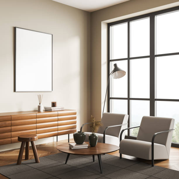 istock Lounge room interior with chairs near window, drawer and mockup frame 1402457164