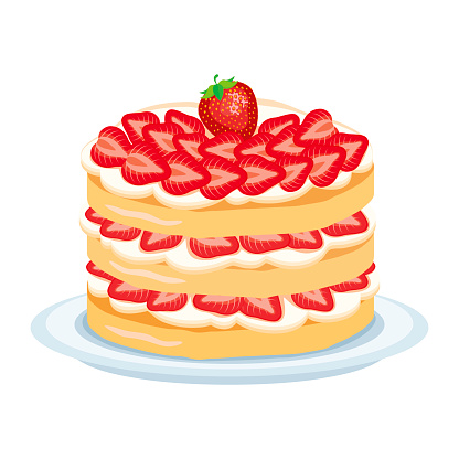 Sweet cake with strawberries and whipped cream vector isolated on a white background. Layer cream cake on a plate drawing
