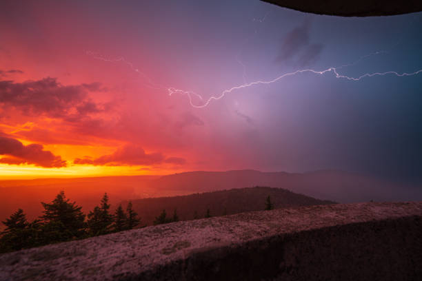 raios atravessam o céu durante uma tempestade na floresta negra enquanto o sol da manhã transforma o céu em um vermelho profundo - black forest flash - fotografias e filmes do acervo