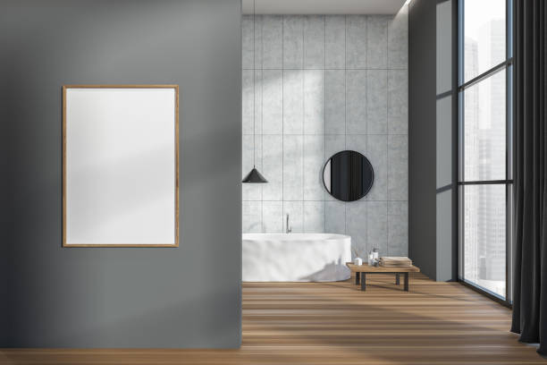 istock Grey bathroom interior with tub, accessories and panoramic window. Mock up frame 1402457991