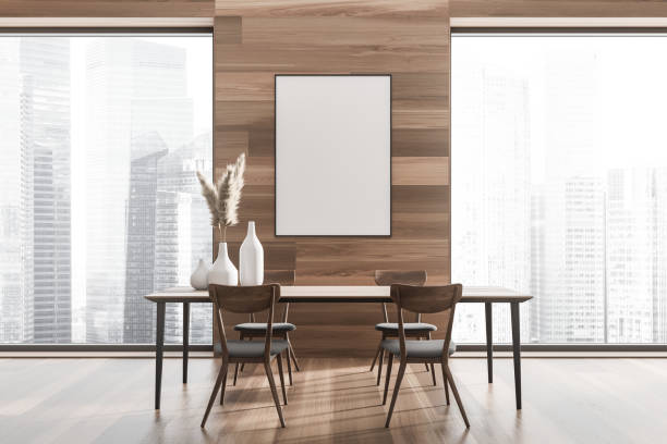 istock Light eating room interior, window with city view. Mockup frame 1402458055