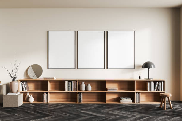 istock Light living room interior with drawer and decoration, mockup frames 1402458134