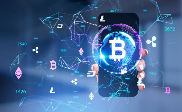 istock Businesswoman is holding smartphone with digital interface, virtual globe, bitcoin 1402458293