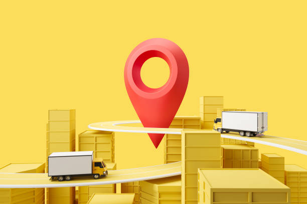Truck moving with location pin, geotag. Mockup copy space stock photo