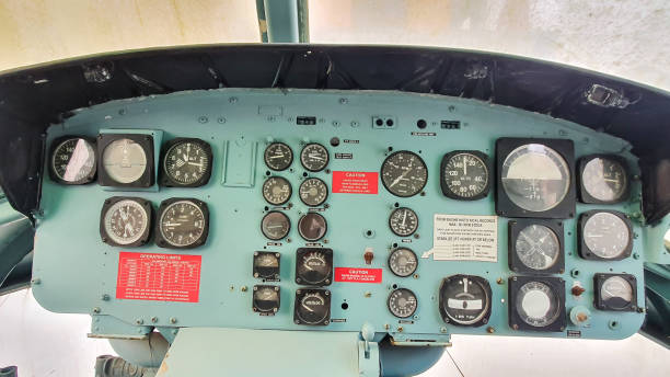 Control Dashboard Of Bell UH-1 Iroquois Helicopter. Hue, Vietnam - March 16, 2021: Control Dashboard Of Bell UH-1 Iroquois Helicopter. uh 1 helicopter stock pictures, royalty-free photos & images