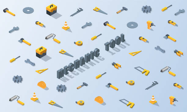 illustrations, cliparts, dessins animés et icônes de conception isométrique de vecteur de fond d’outil de mécanicien - hand tool toolbox group of objects work tool