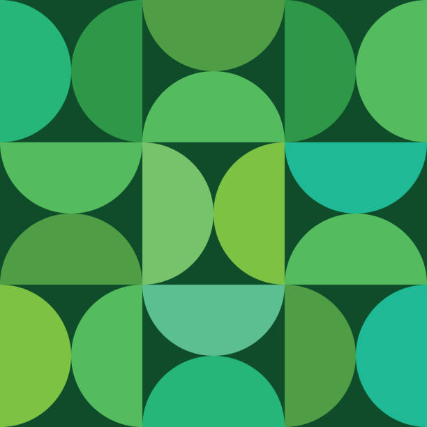 Mid century modern art half circle seamless pattern in forest green, jade green, lime green and teal Mid century modern art half circle seamless pattern in forest green, jade green, lime green and teal over dark green background. For posters, wallpaper and home décor illusion pattern circle image created 1960s stock illustrations