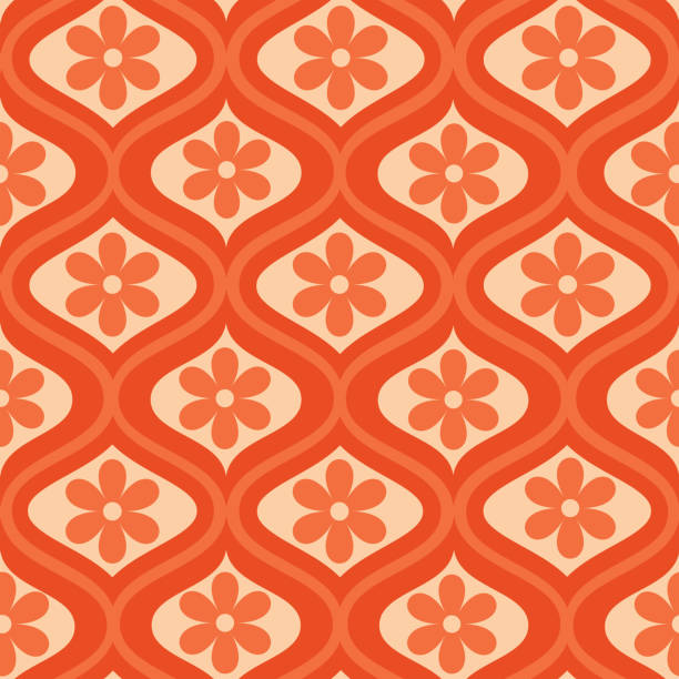 illustrazioni stock, clip art, cartoni animati e icone di tendenza di fiore arancione retrò su modello senza cuciture ogee della metà del secolo. - flower backgrounds tile floral pattern