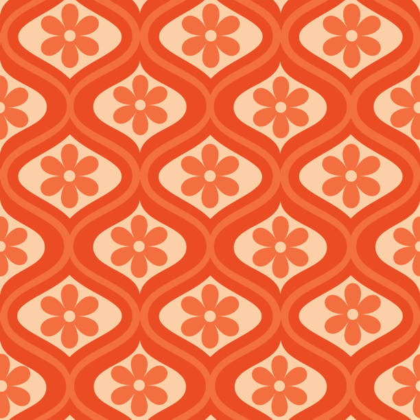 중반 세기 ogee에 복고풍 오렌지 꽃 이음새가 없는 무늬. - flower backgrounds tile floral pattern stock illustrations
