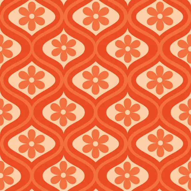 Vector illustration of Retro orange flower on mid century ogee seamless pattern.