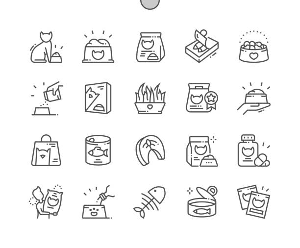 Cat food. Canned fish, clean water. Product for kitten. Pet bowl. Pixel Perfect Vector Thin Line Icons. Simple Minimal Pictogram Cat food. Canned fish, clean water. Product for kitten. Pet bowl. Pixel Perfect Vector Thin Line Icons. Simple Minimal Pictogram cat food stock illustrations