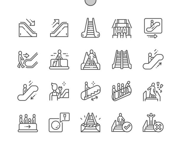 stockillustraties, clipart, cartoons en iconen met escalator. upward movement. properly stand. public navigation. emergency button. pixel perfect vector thin line icons. simple minimal pictogram - roltrap