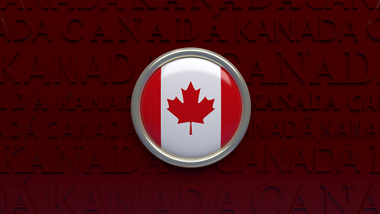 3d rendering of an Canada national flag glossy button over dark red background